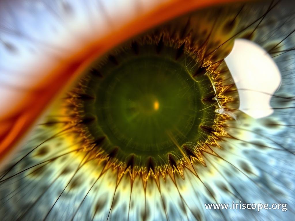 Close-up of the collarette zone in an iris showing various patterns and markings Close-up of the collarette zone in an iris showing various patterns and markings