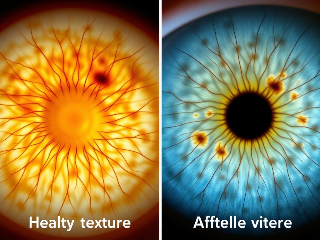 Comparison of healthy iris texture versus iris showing signs of health issues Comparison of healthy iris texture versus iris showing signs of health issues