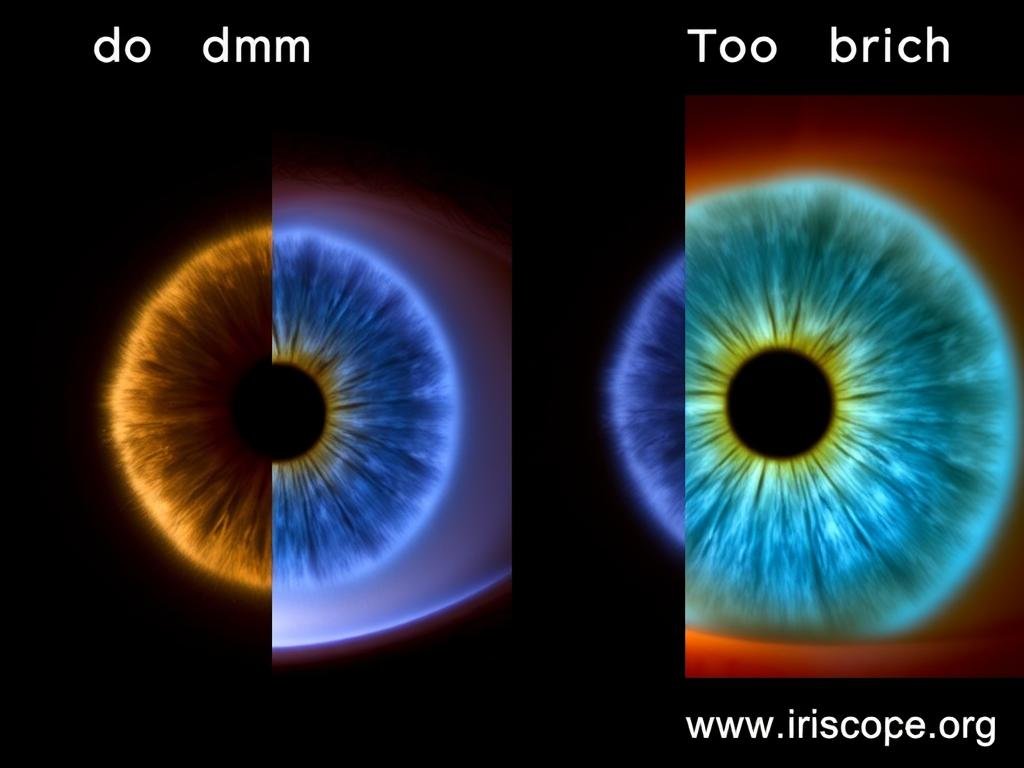 Demonstration of different light intensities in iridology photography Demonstration of different light intensities in iridology photography