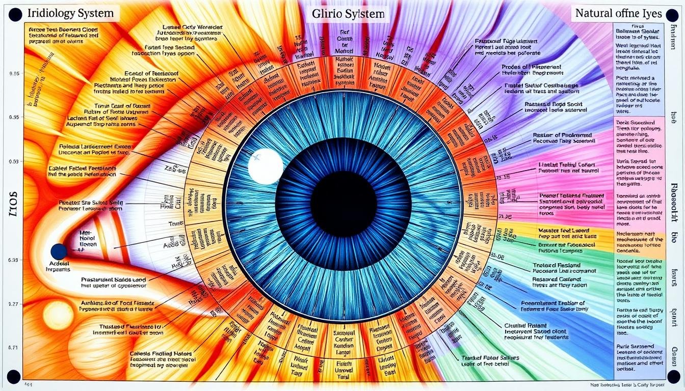 Detailed iridology chart showing iris markings and their corresponding body systems Detailed iridology chart showing iris markings and their corresponding body systems