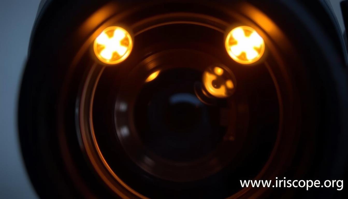 Detailed view of iridology camera illumination system showing LED positioning Detailed view of iridology camera illumination system showing LED positioning