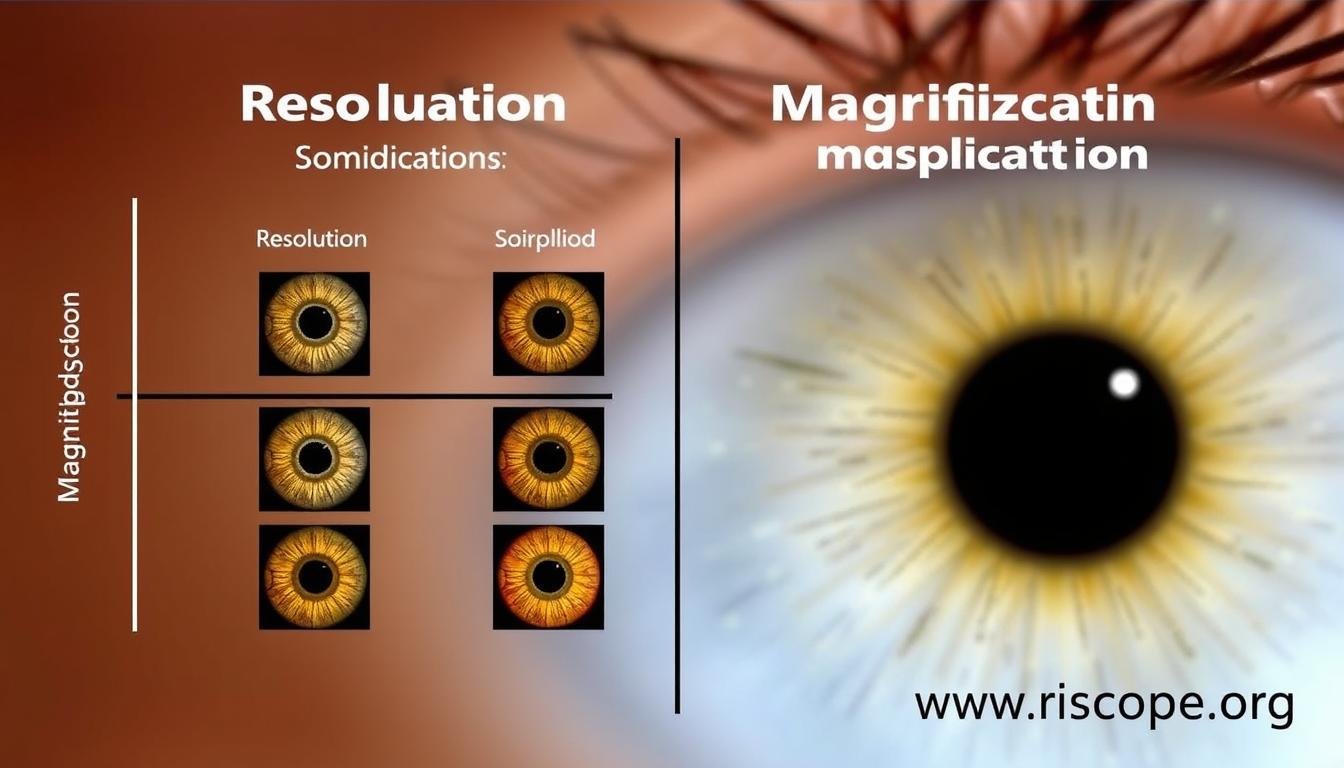 Diagram illustrating the relationship between resolution and magnification in iridology imaging Diagram illustrating the relationship between resolution and magnification in iridology imaging