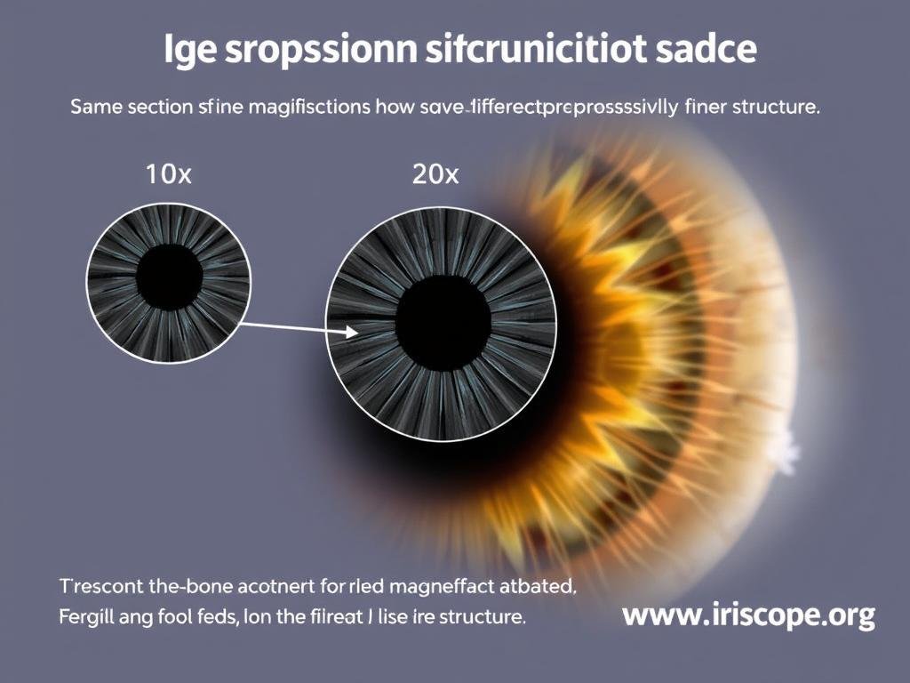 Diagram showing different magnification levels of the same iris section Diagram showing different magnification levels of the same iris section
