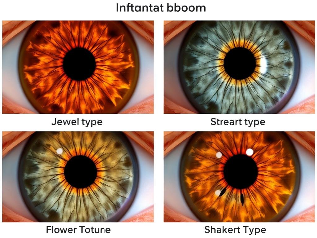 Four different iris pattern types showing distinct textures and structures Four different iris pattern types showing distinct textures and structures