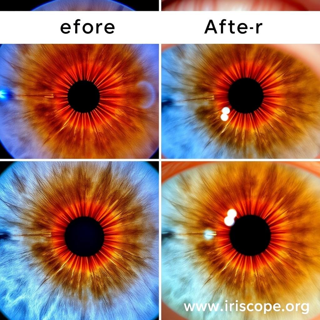 Health monitoring with MAIKONG iridology camera showing before and after comparison