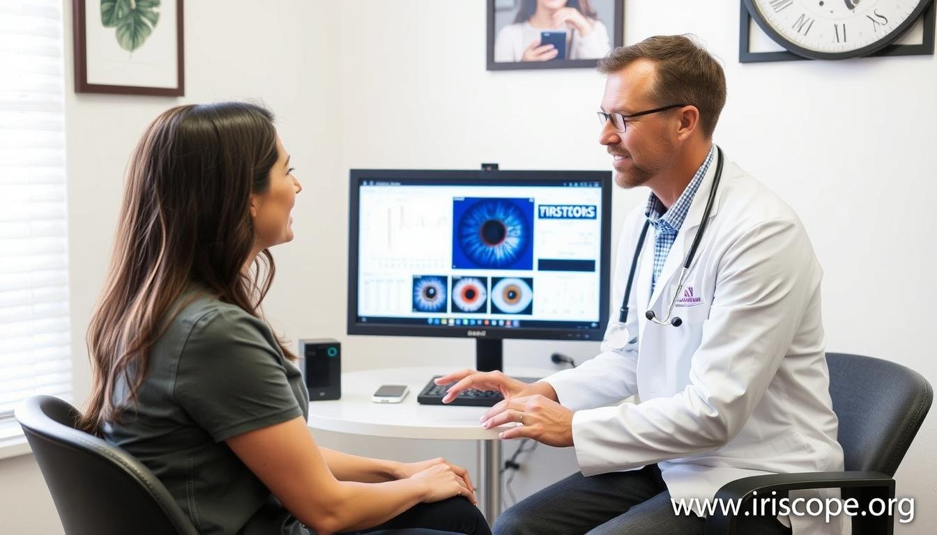 Health practitioner discussing iridology results with a client