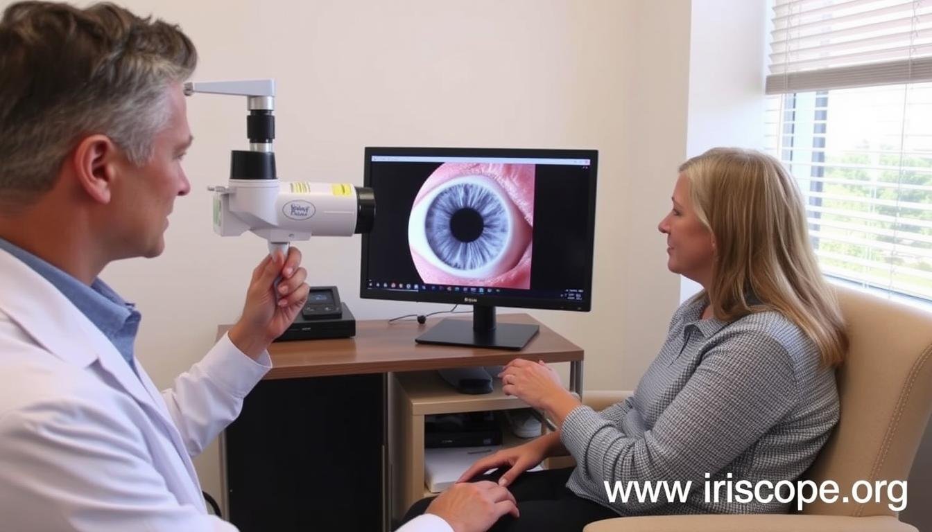 Health practitioner using MAIKONG Iridology Camera with a patient