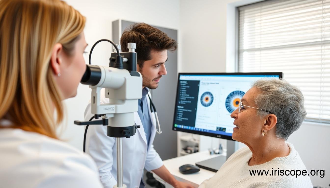Health practitioner using MAIKONG iridology camera with a patient in a UK clinic