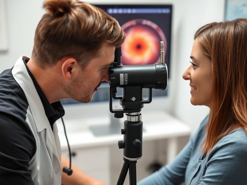 Health practitioner using an iridology camera with a client