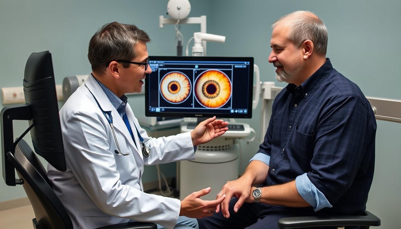 Healthcare practitioner discussing iris analysis results with a patient Healthcare practitioner discussing iris analysis results with a patient