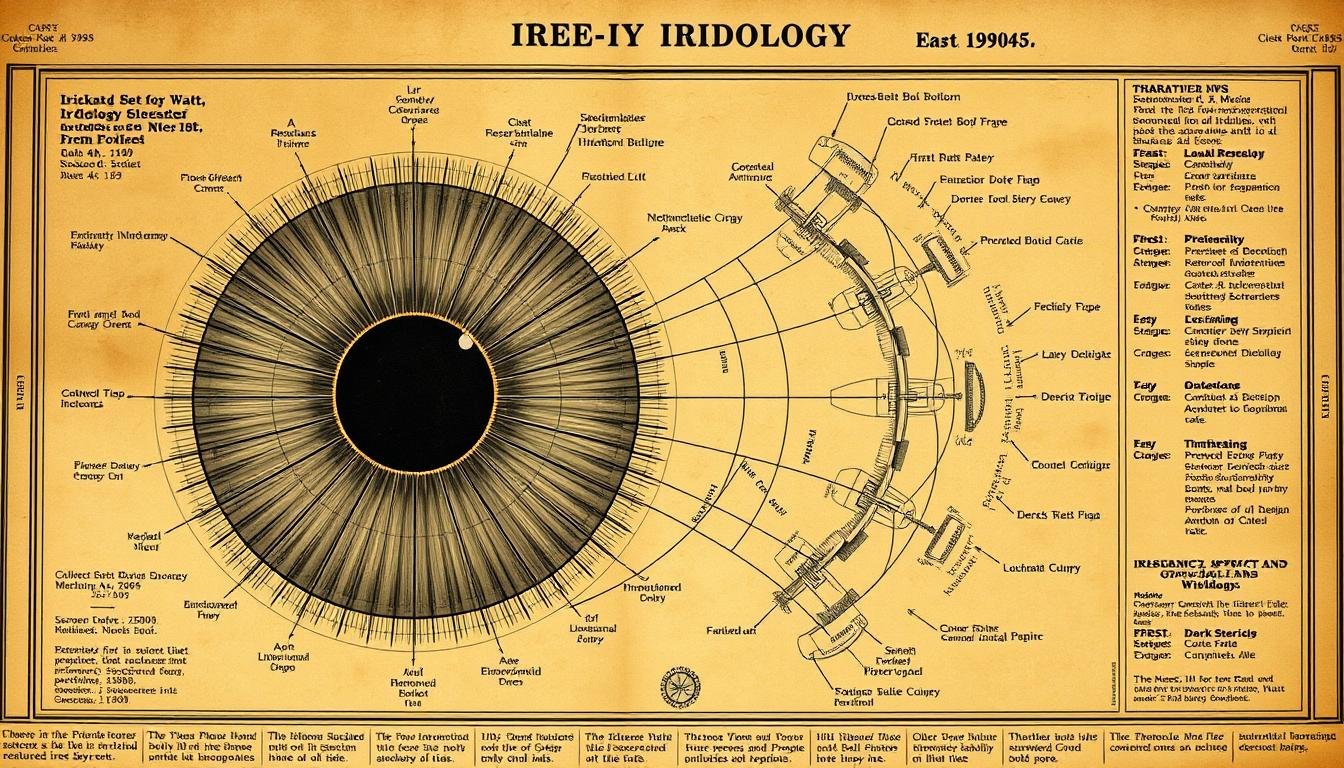 Historical iridology chart showing iris mapping for diagnosis