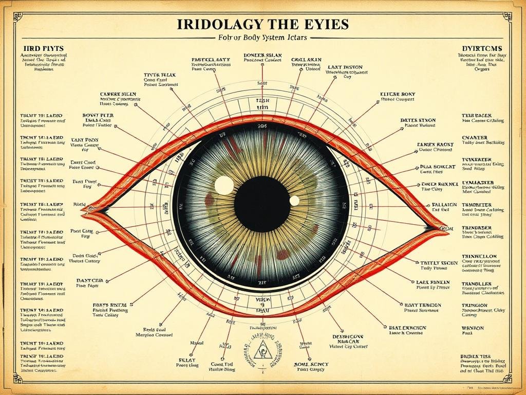 Historical iridology chart showing the connection between iris markings and body systems in holistic health assessment