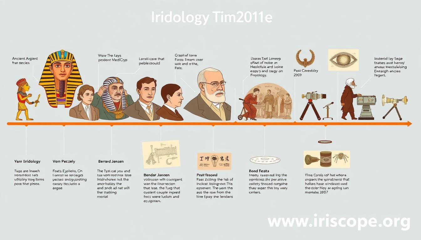 Historical timeline showing the development of iridology from ancient times to modern practice