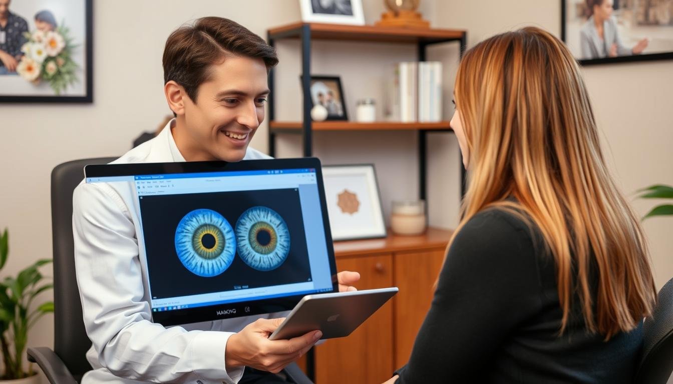 Holistic health practitioner discussing iridology findings with a client using MAIKONG equipment