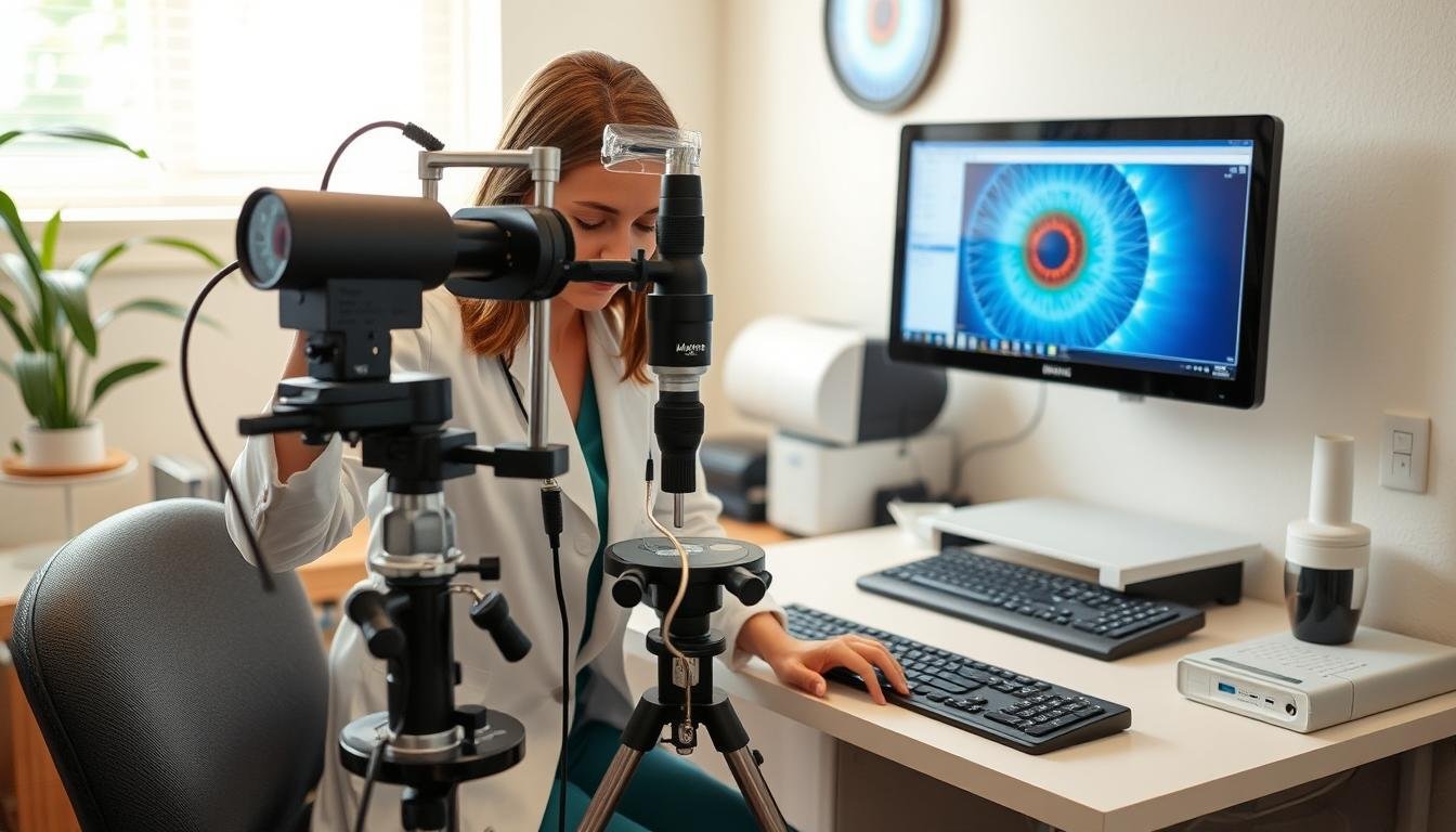 Holistic health practitioner setting up MAIKONG iridology equipment in their clinic