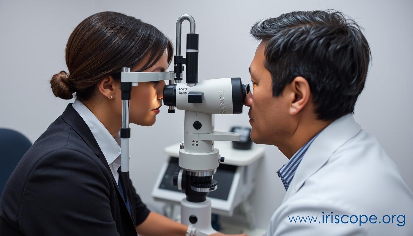 Iridologist analyzing iris patterns using MAIKONG equipment