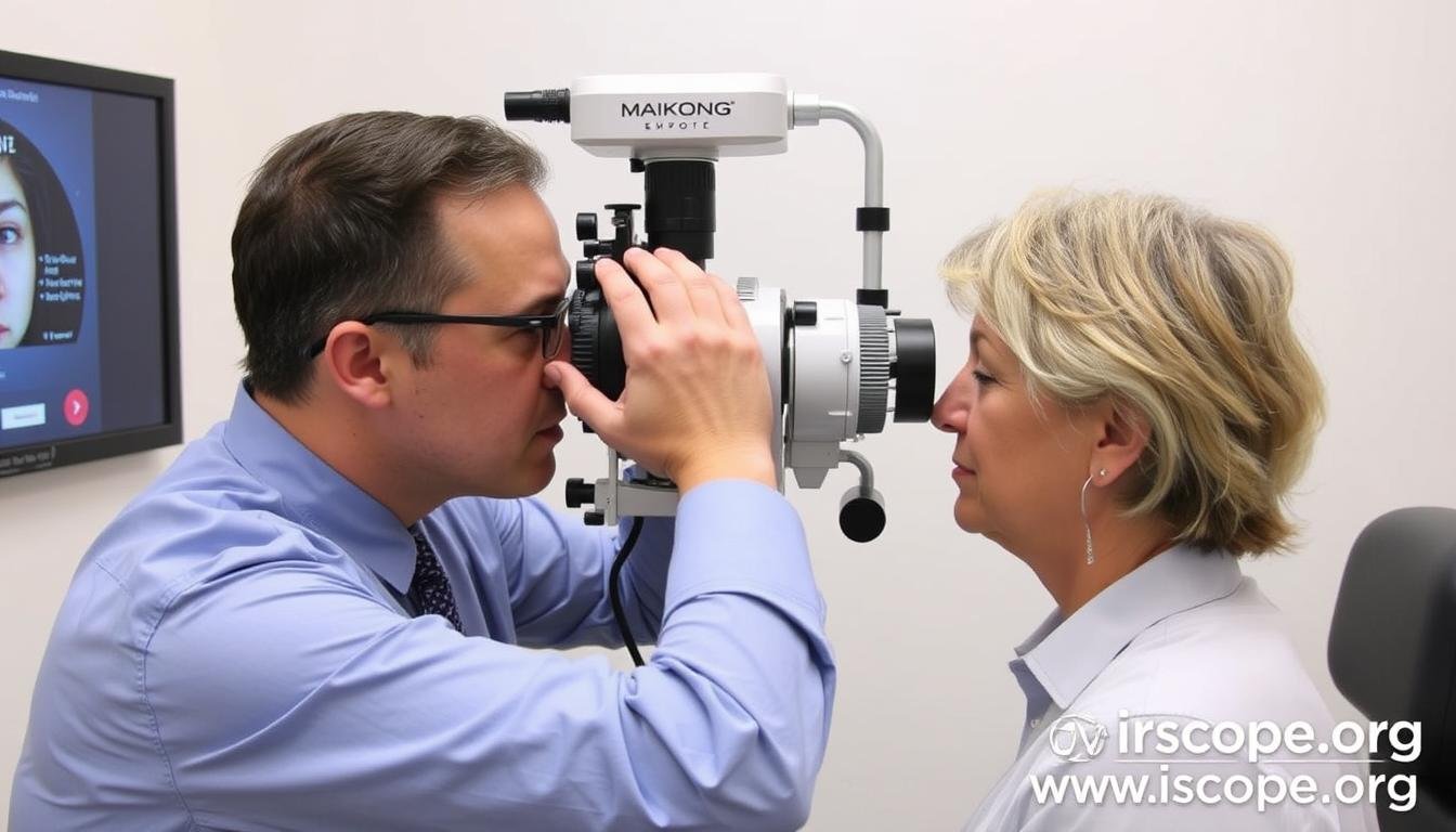 Iridologist demonstrating proper iris examination technique