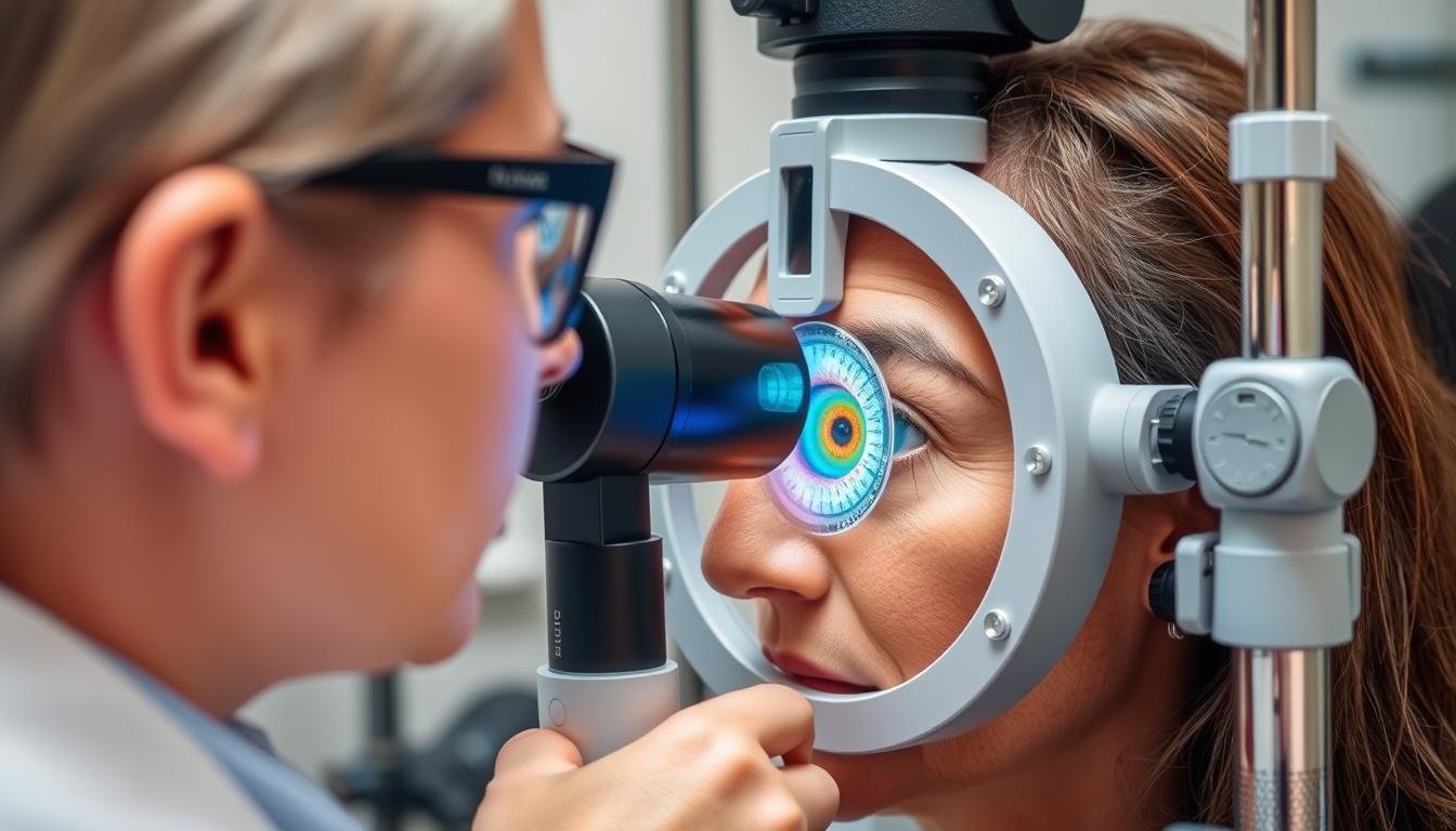 Iridologist examining a patient's iris using specialized iridology visual diagnosis equipment