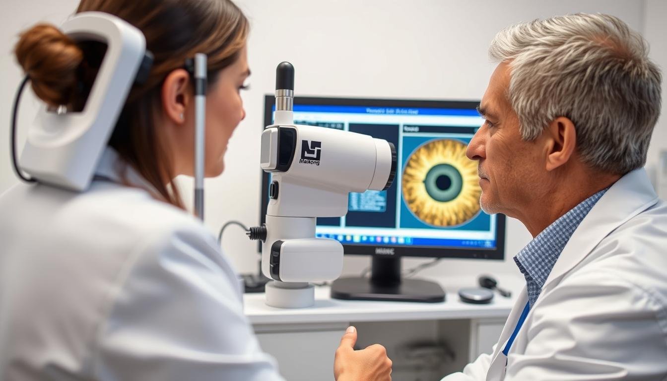 Iridologist examining a patient's iris with a MAIKONG iridology camera in a UK clinic