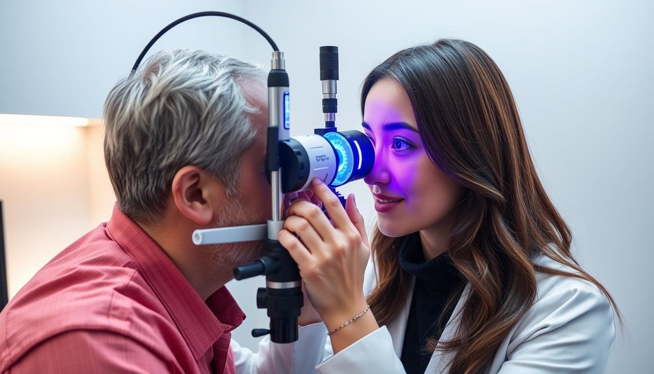 Iridologist examining a patient's iris with professional MAIKONG iriscope equipment for holistic health assessment