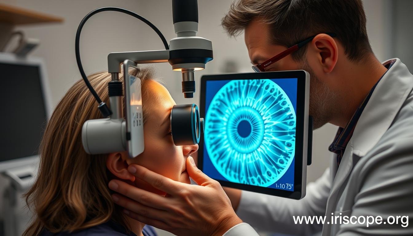 Iridologist examining iris patterns using professional equipment