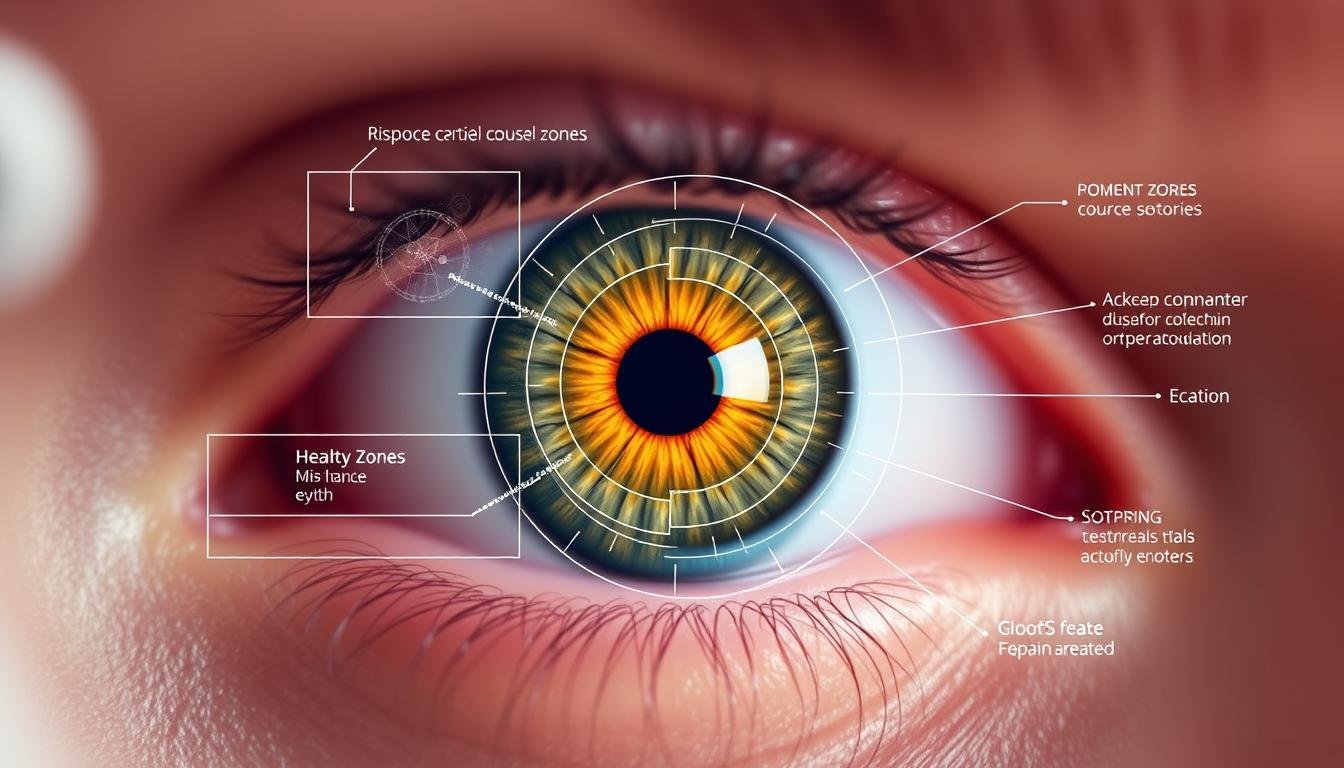 Iridology analysis showing iris patterns and health correlations