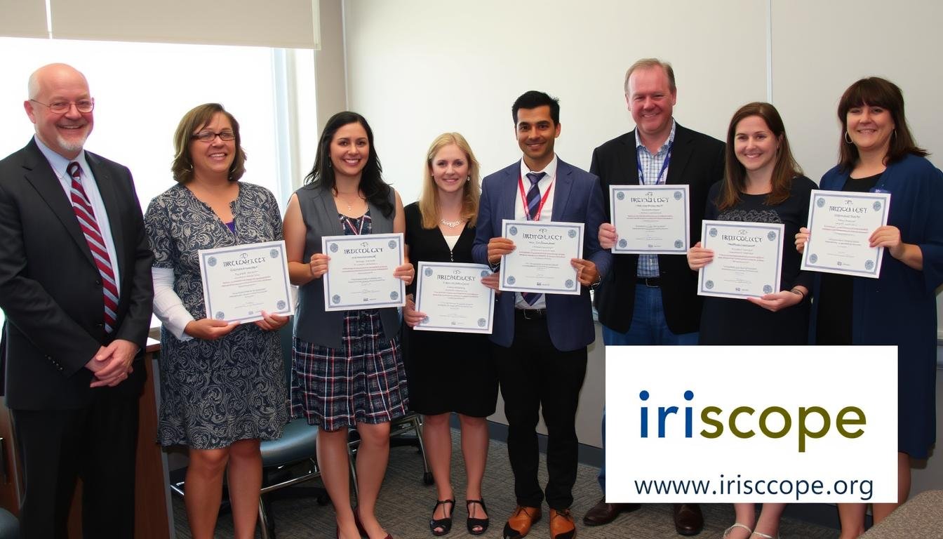 Iridology certification ceremony with graduates receiving diplomas