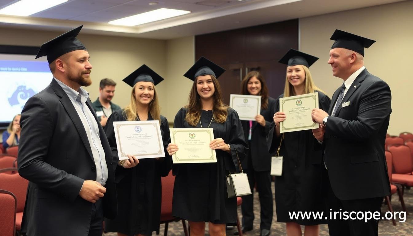 Iridology certification ceremony with graduates receiving diplomas