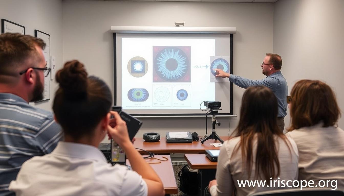 Iridology certification class with students analyzing iris charts Iridology certification class with students analyzing iris charts