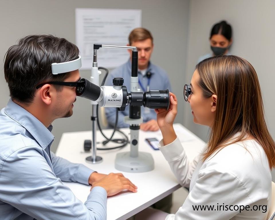 Iridology certification examination process showing practical assessment Iridology certification examination process showing practical assessment