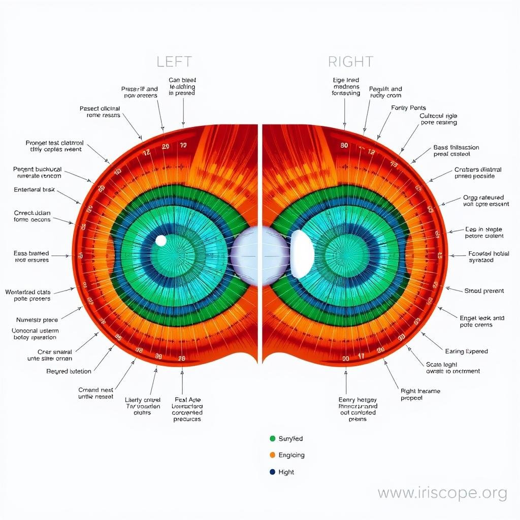 Iridology chart showing iris zones mapped to different body organs and systems