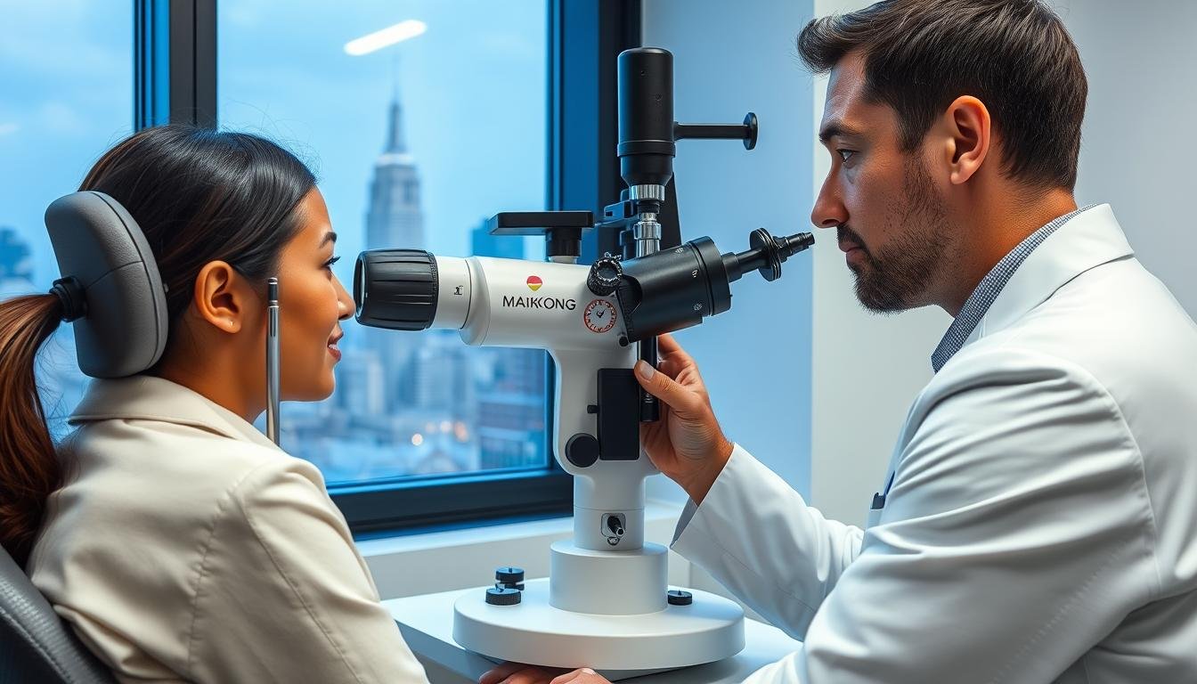 Iridology examination being performed in NYC clinic with professional equipment