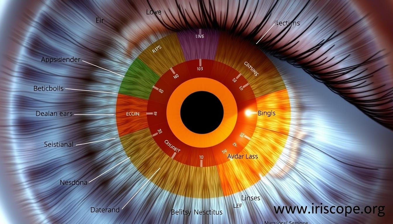 Iridology self diagnosis chart showing iris zones and corresponding body systems
