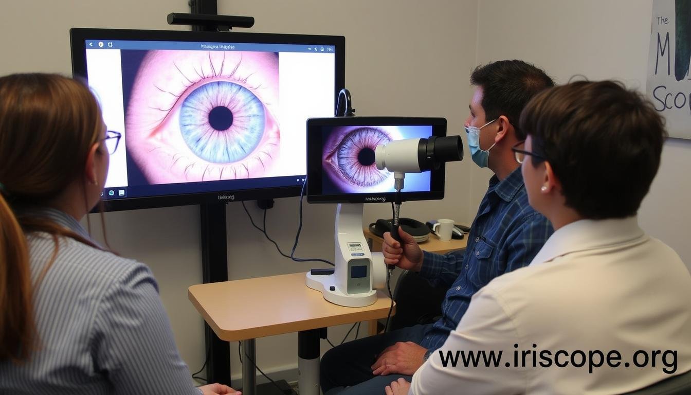 Iridology training session with instructor demonstrating iris analysis