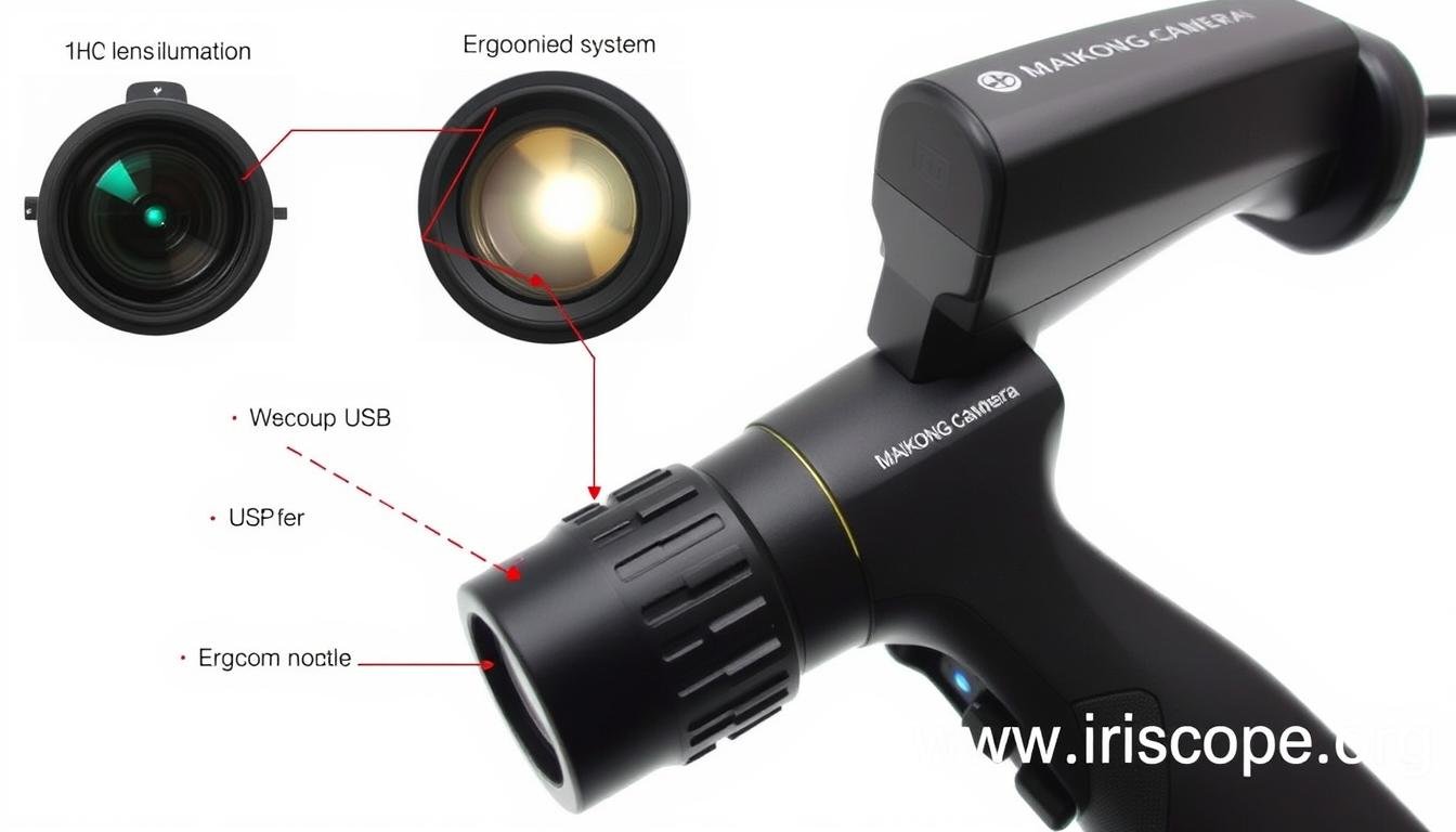MAIKONG Iridology Camera Dino-Lite AM4113 features showcase with labeled components
