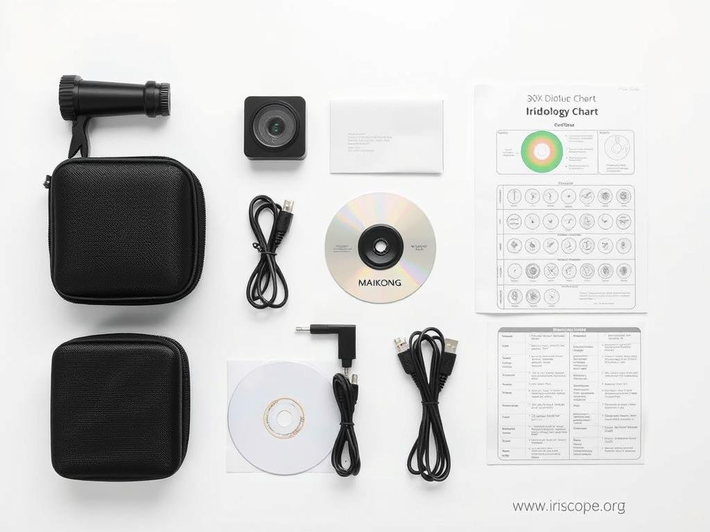 MAIKONG Iridology Camera package contents neatly arranged showing all included items