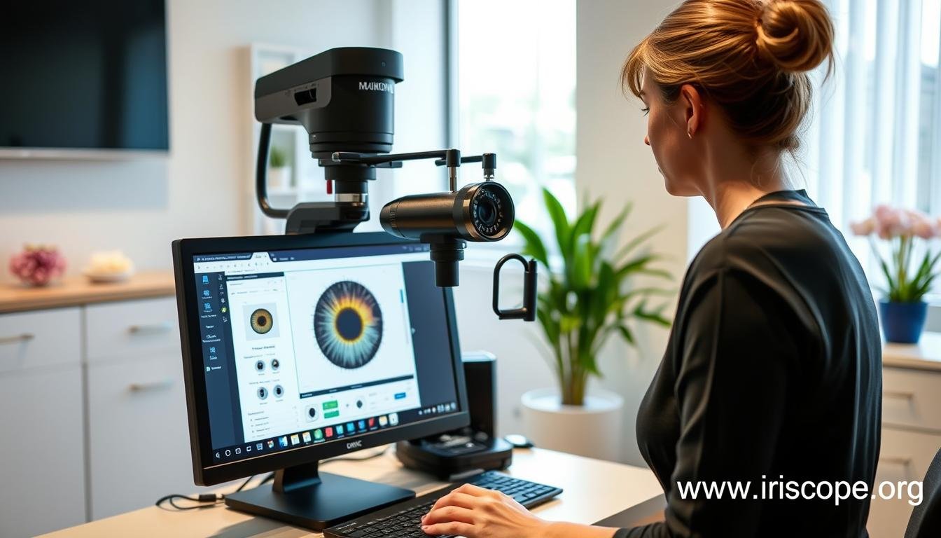 MAIKONG iridology camera being used in a modern UK wellness center