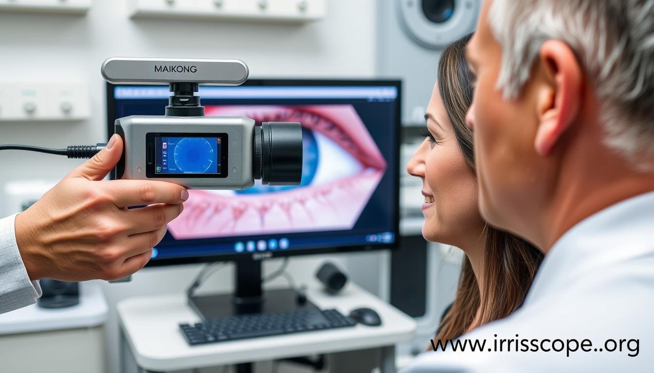 MAIKONG iridology camera in use with detailed iris image on screen