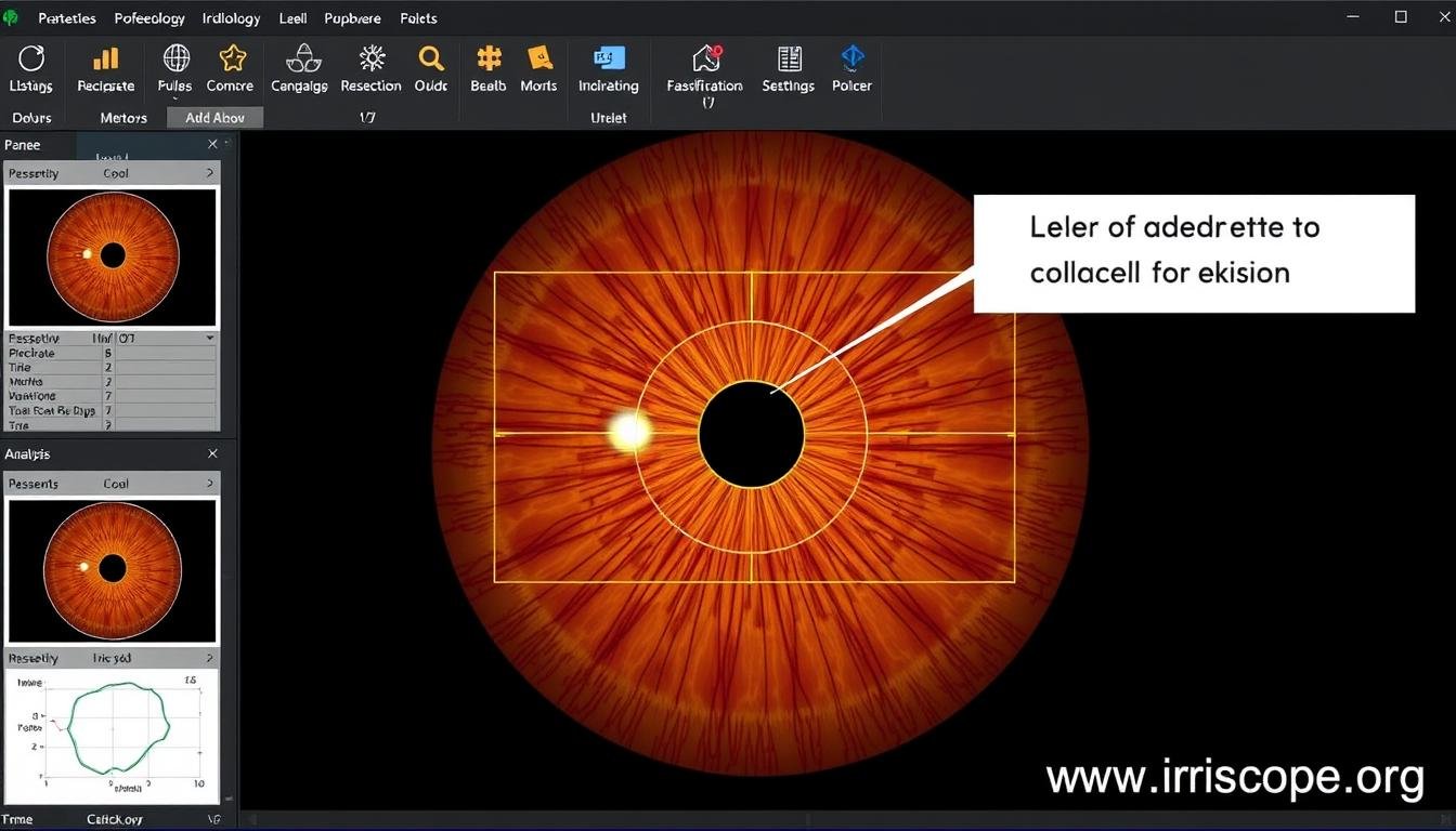 MAIKONG iridology software analyzing collarette patterns with digital measurement tools