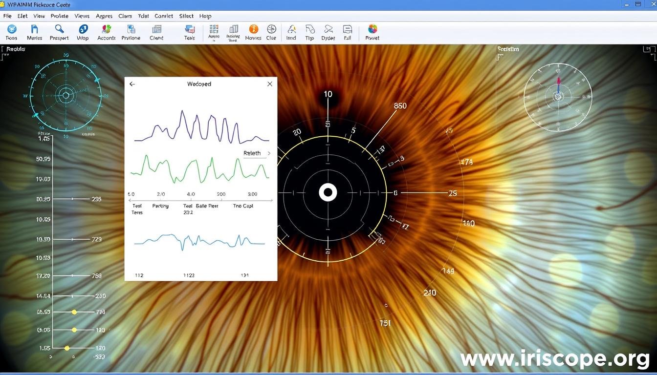 Interfața software-ului de iridologie MAIKONG care arată analiza irisului