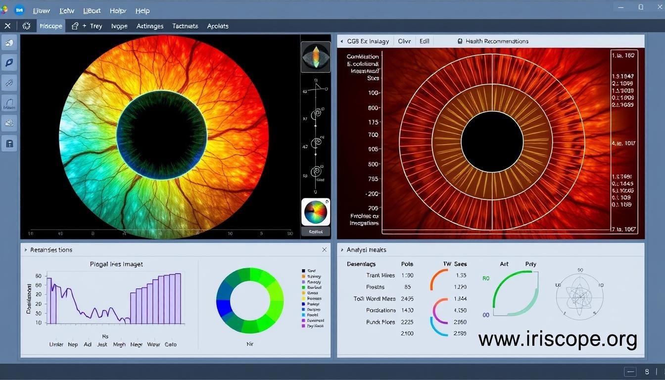 MAIKONG iridology software interface showing iris analysis with health recommendations