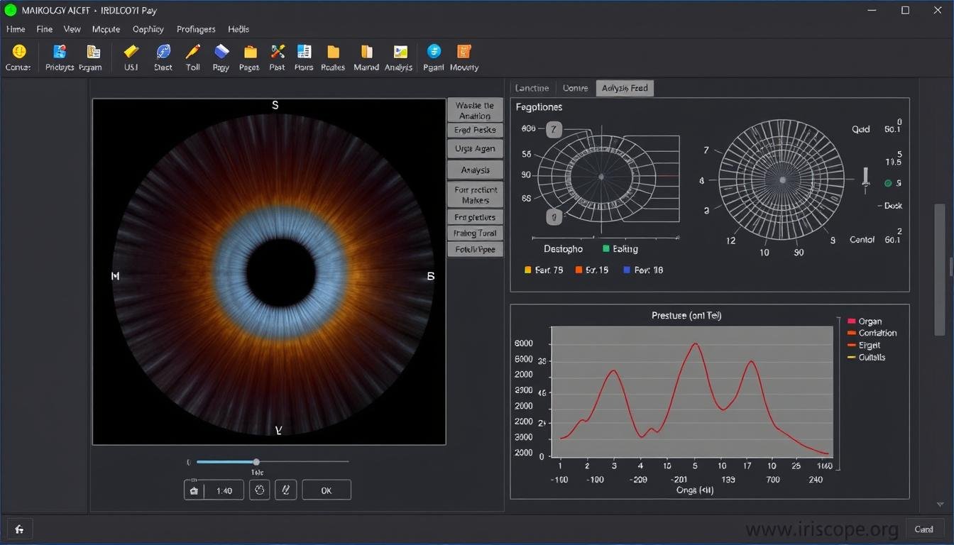 MAIKONG iridology software interface showing iris analysis