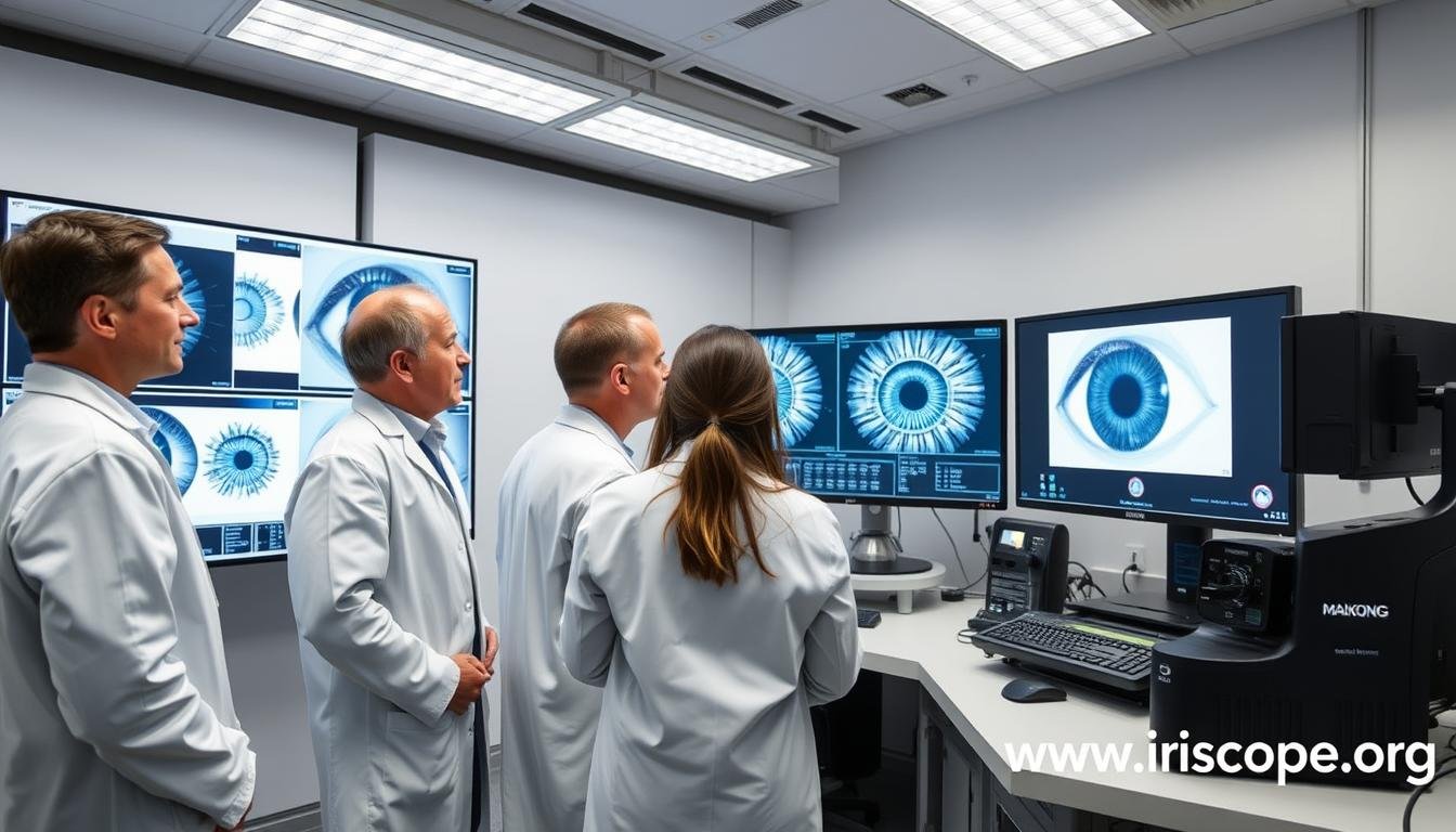 MAIKONG research team analyzing iridology patterns in laboratory setting