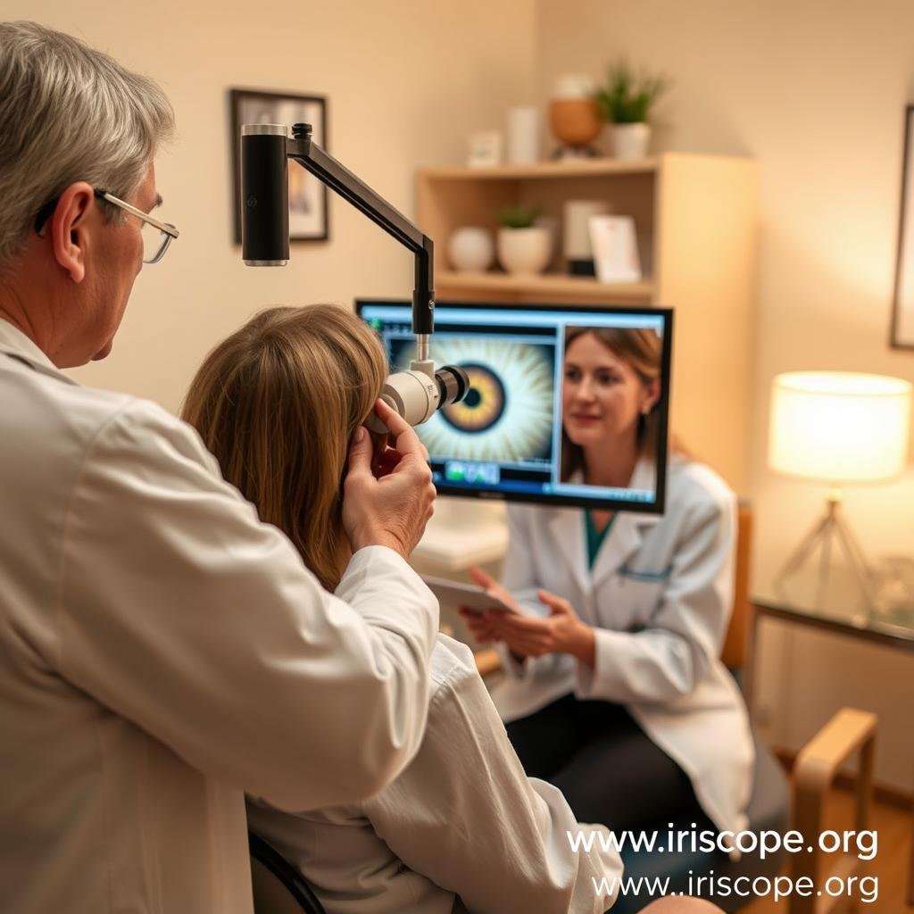 Naturopathic doctor using MAIKONG iridology camera with patient