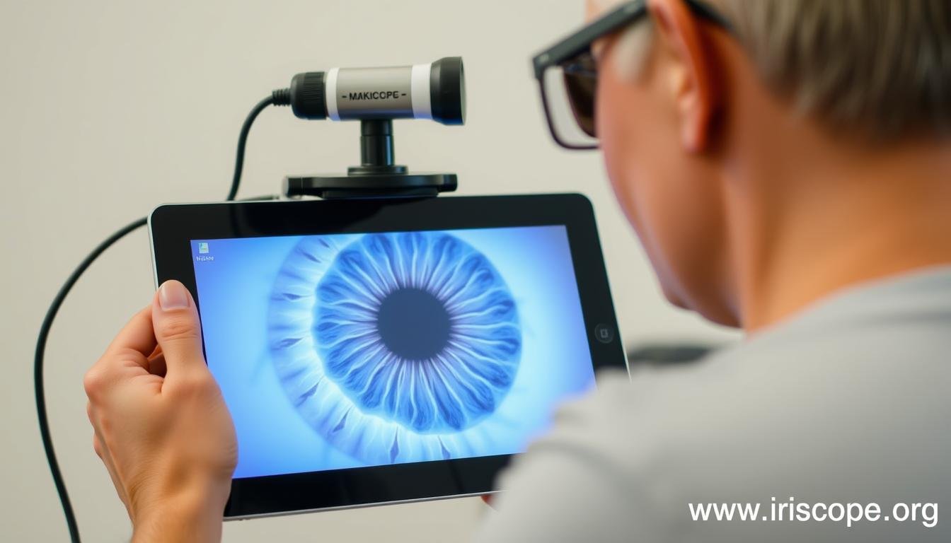 Person performing iridology self diagnosis with proper lighting and tools