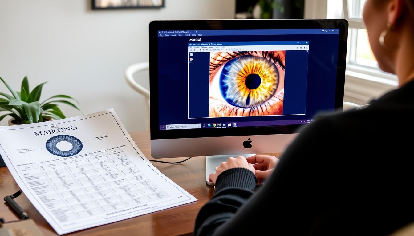 Person using MAIKONG iridology chart and tools for self-health assessment