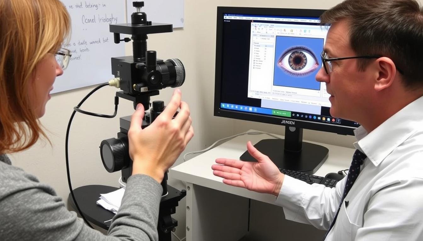 Practitioner demonstrating Jensen iridology camera features