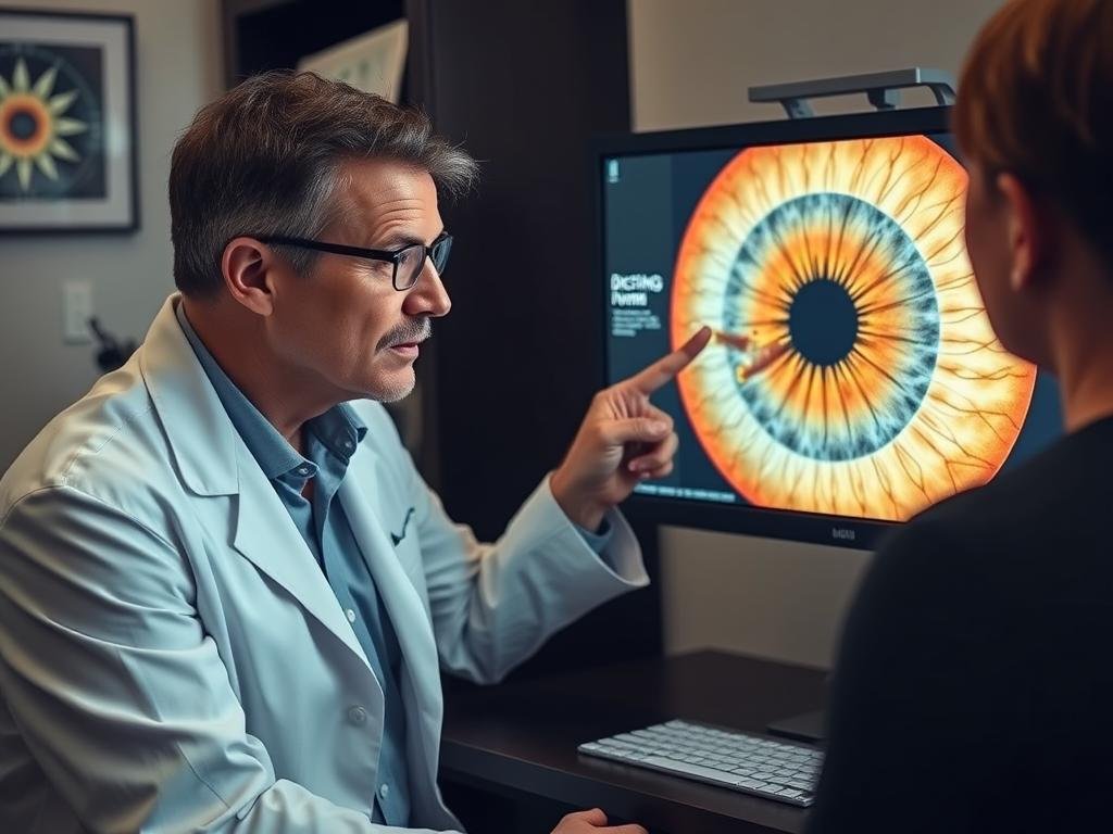 Practitioner demonstrating iridology visual diagnosis application for digestive health assessment Practitioner demonstrating iridology visual diagnosis application for digestive health assessment