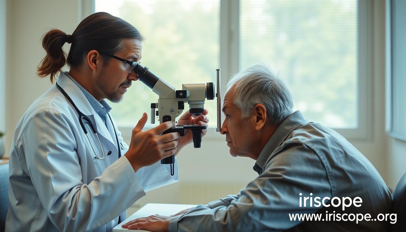 Practitioner struggling with microscope setup for iris examination Practitioner struggling with microscope setup for iris examination