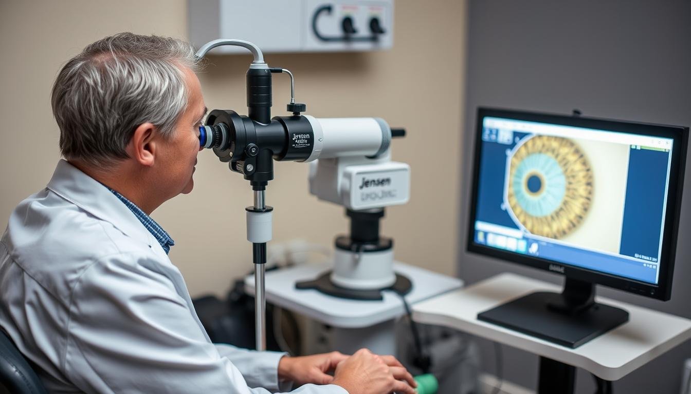 Practitioner using Jensen iridology camera with patient